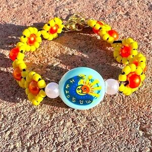Yellow and Orange Floral Beaded Sun and Moon Bracelet with Gold Colored Accents